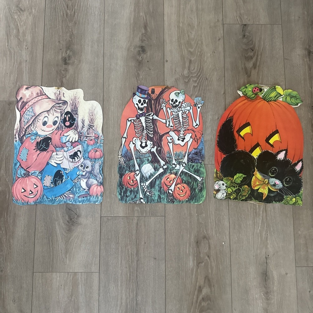 Vintage 1980s Lot Halloween Die Cut Decorations Witch Black Cat Pumpkin USA